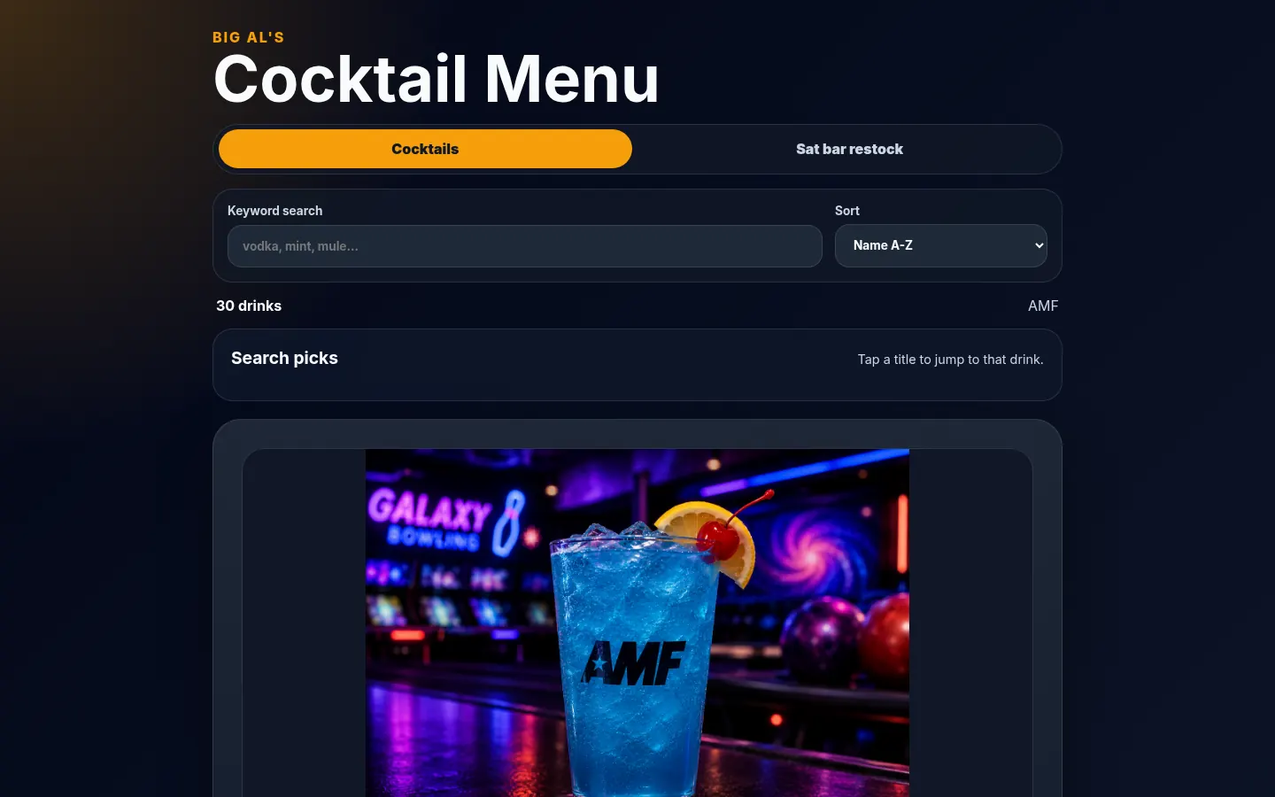 Big Al's Cocktail Menu: home page