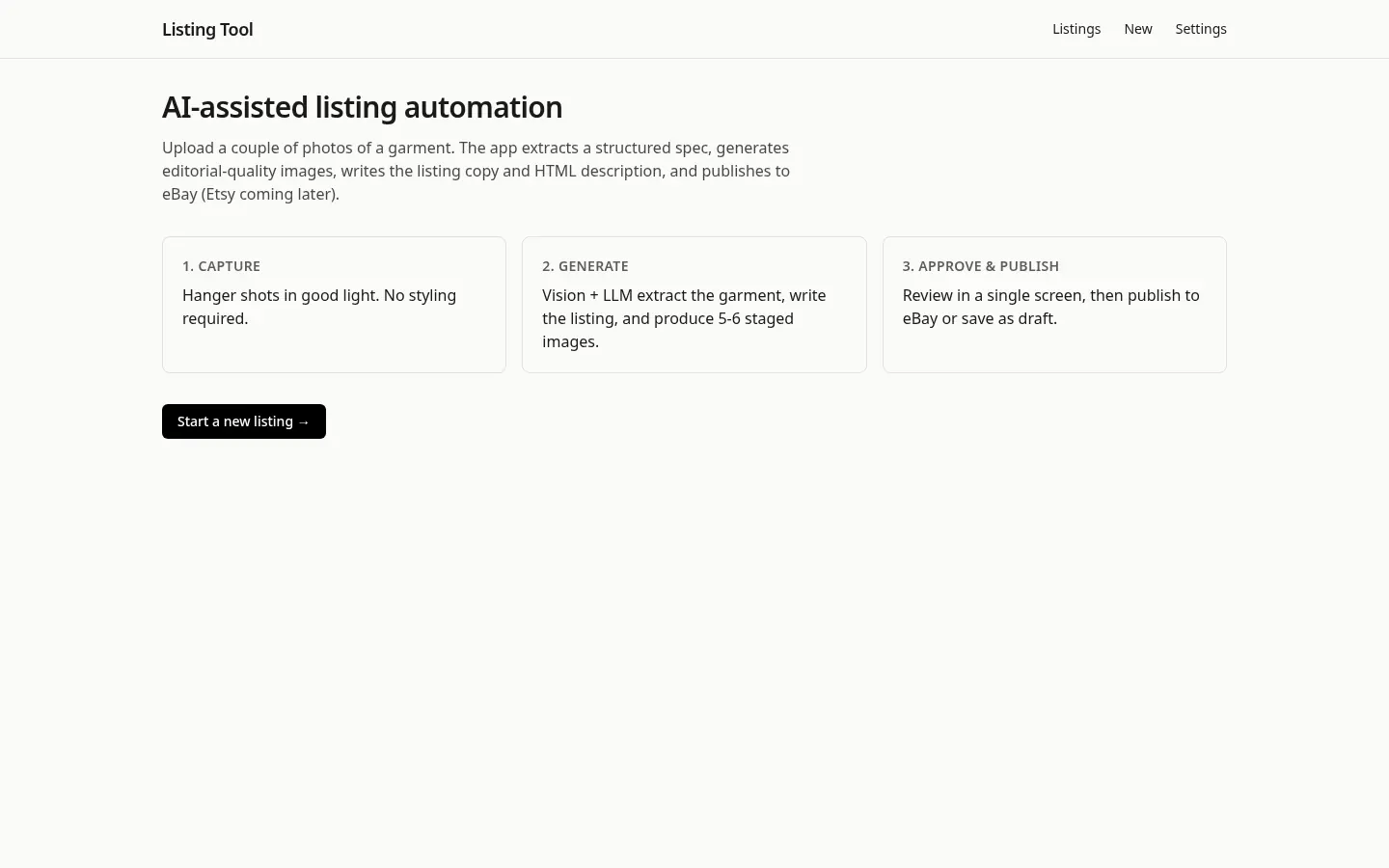 Listing Tool: home page
