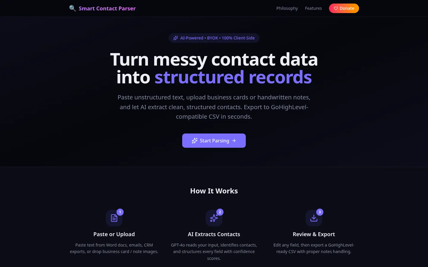 Smart Contact Parser: home page
